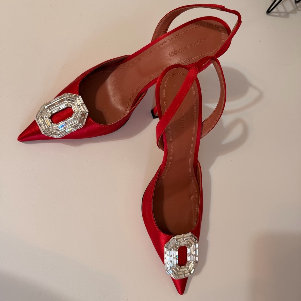 Amina Muaddi Red Satin Pointed-Toe Slingback Heels with Crystal Buckle